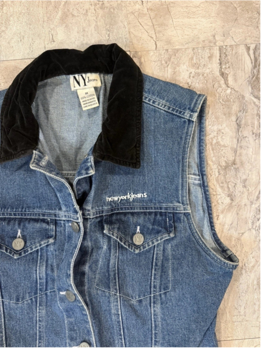 VTG 90s NY Jeans Denim Vest Womens Medium Wash Grunge Velvet Collar Sz M